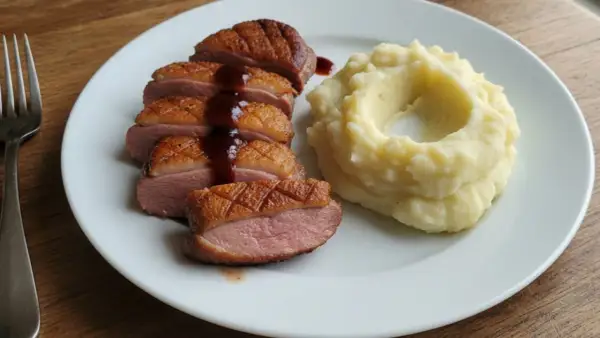 Soczysta pierś z kaczki, pokrojona w plastry, polana sosem, obok porcja purée ziemniaczanego.