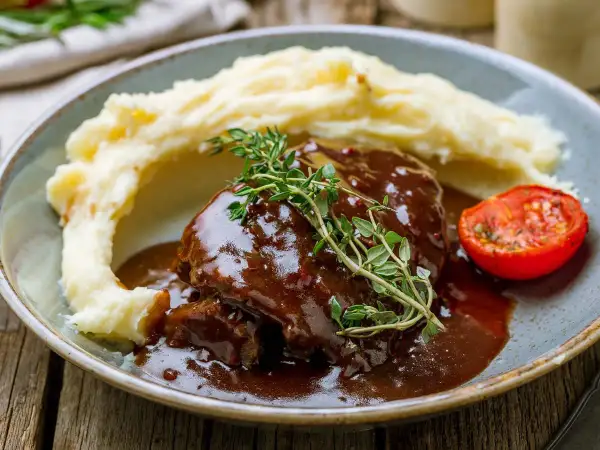 Pyszny schab w sosie własnym, podany z kremowym purée ziemniaczanym i pieczonym pomidorkiem.